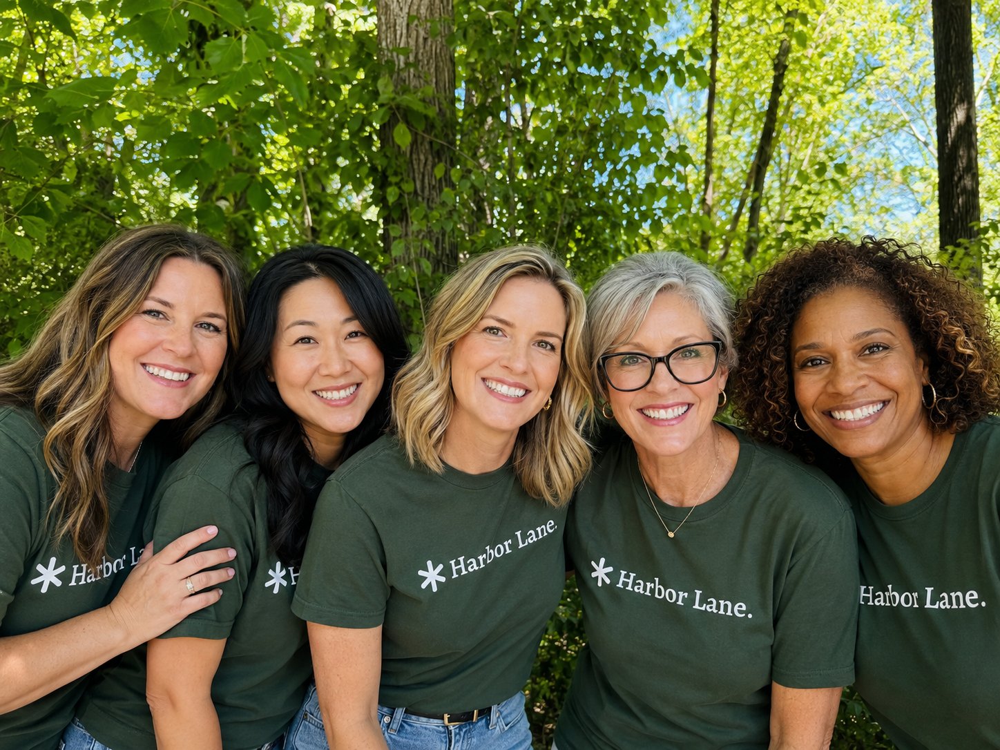 Five Harbor Lane team members smiling together outdoors.