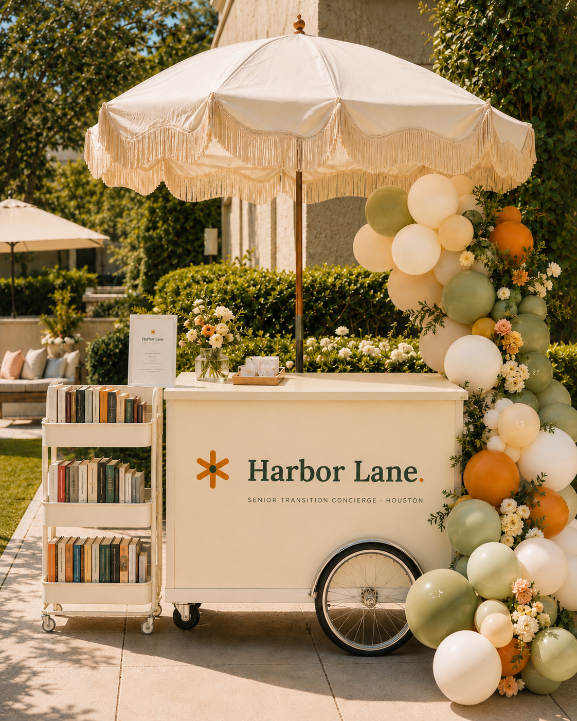 The Harbor Lane Front Porch book cart at an outdoor event, with a fringed cream umbrella, shelves of free books, and a balloon garland in sage, cream, and amber.