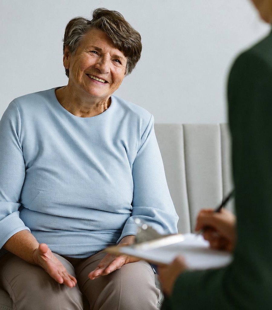 An older woman talking with a professional holding a clipboard.