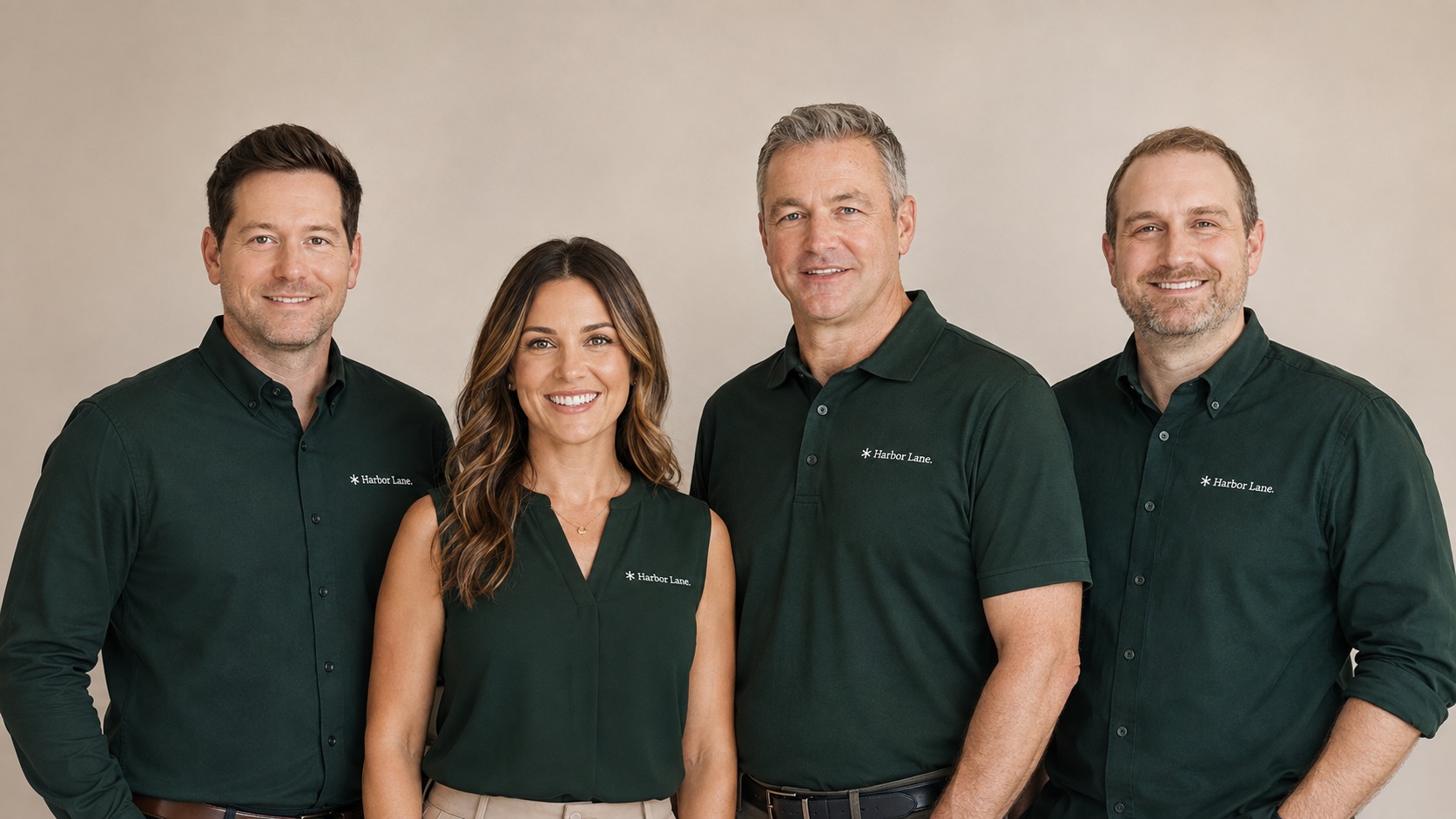 The Harbor Lane team standing together in green Harbor Lane shirts.