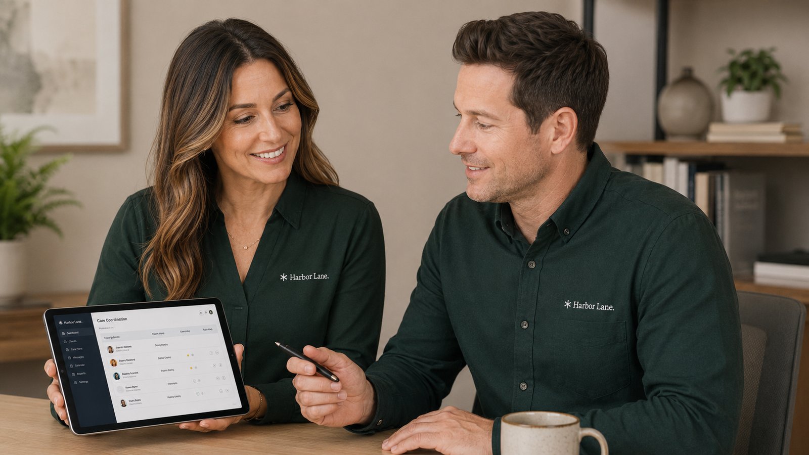 Two Harbor Lane team members reviewing a care coordination plan on a tablet.