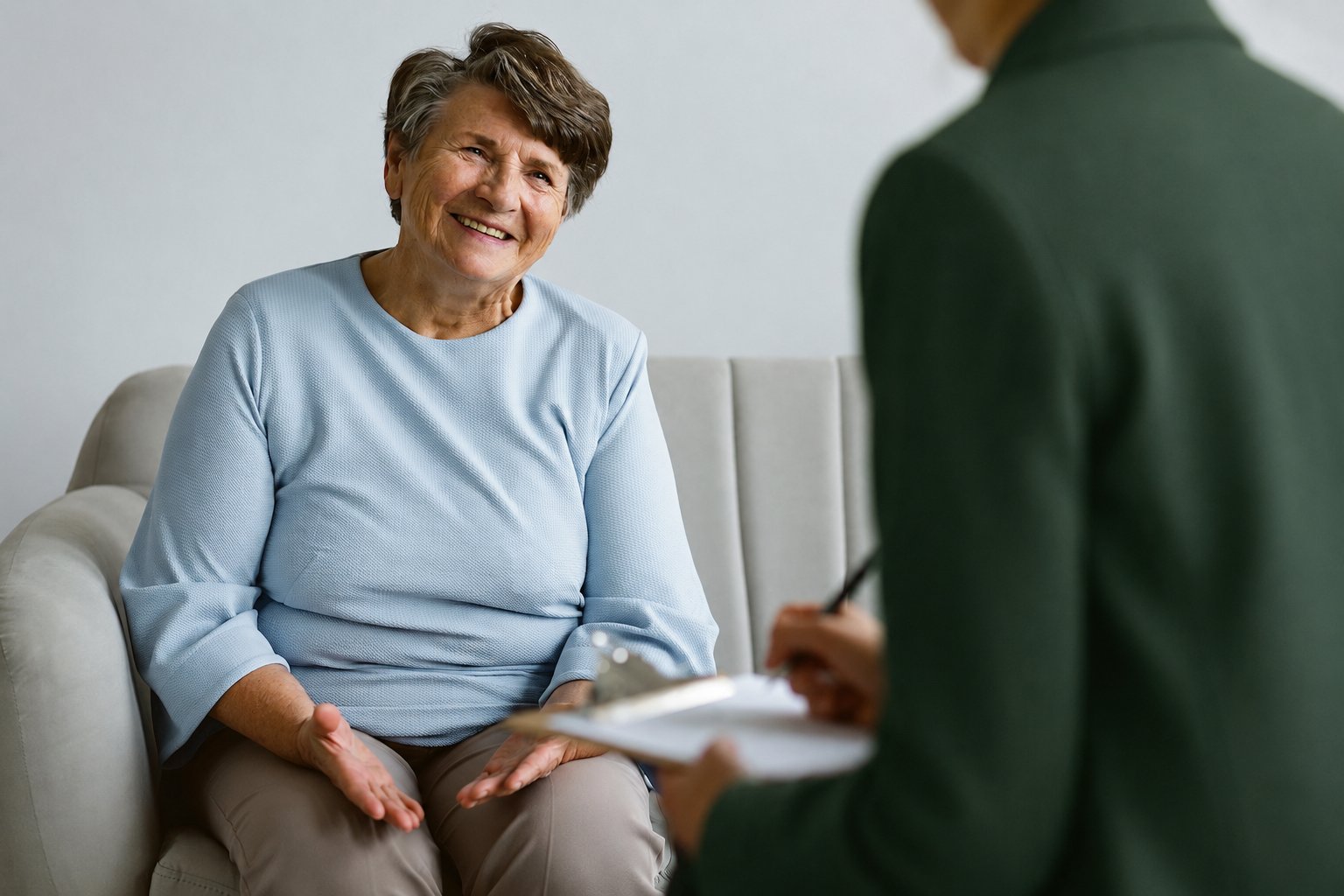 A senior woman smiling in conversation with a Harbor Lane advisor taking notes.