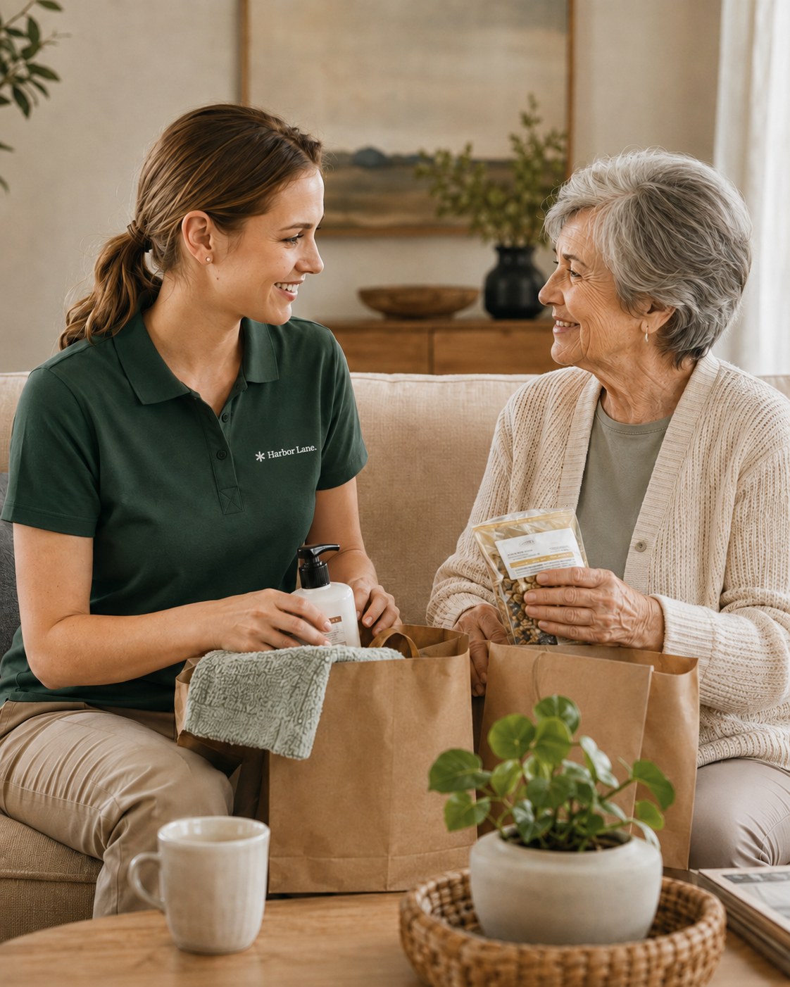 A Harbor Lane concierge unpacking groceries with a smiling older woman at home.