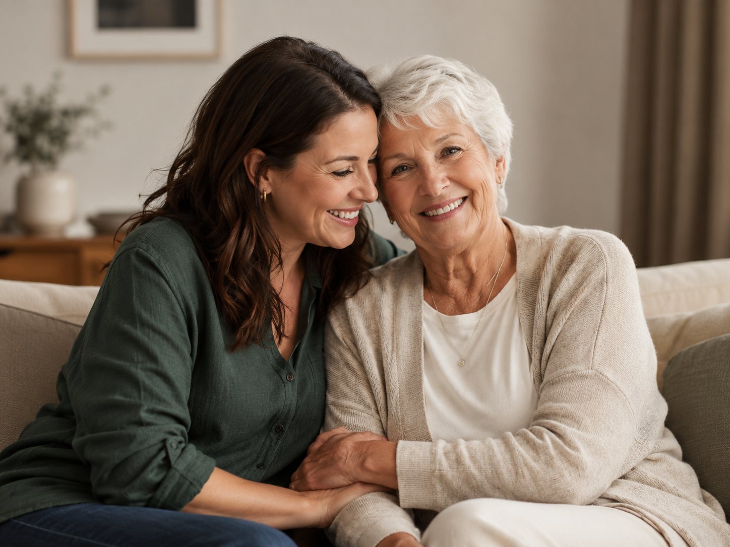 An older woman and her daughter sorting belongings together at a dining table.