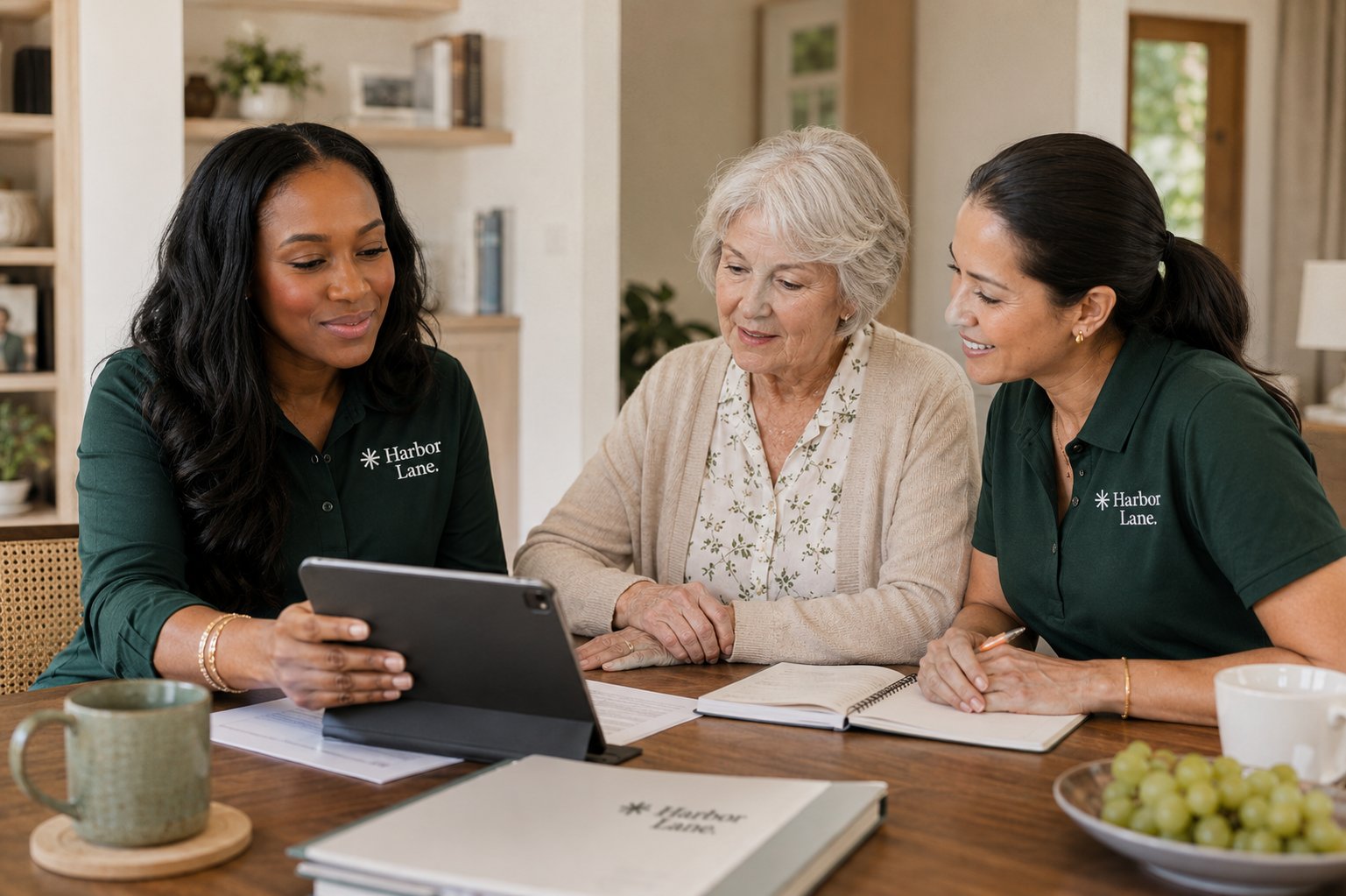 Two Harbor Lane team members reviewing a plan with a senior client at her dining table.
