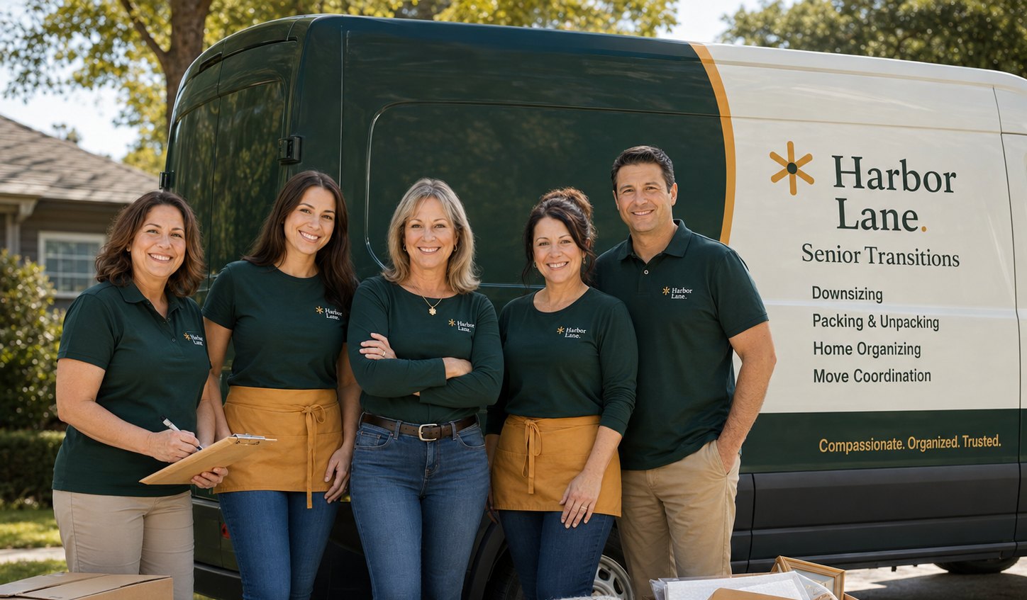The Harbor Lane team in branded shirts beside their company van.